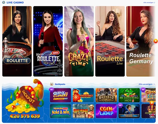Posido Live Casino & Jackpots – Spielauswahl & aktueller Gewinnstand. Live Casino Auswahl mit Speed Roulette, Mega Roulette, Crazy Time, Deutsches Roulette und Roulette Germany. Jackpot-Spiele mit aktuellen Gewinnen und beliebten Titeln.