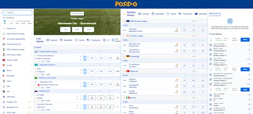 Posido Live- und Pre-Match-Wetten – Premier League, Bundesliga, UEFA Europa League und mehr. Posido Sportwettenseite – Übersicht mit Live-Wetten, Quoten für Fußballspiele wie Manchester City gegen Bournemouth, beliebtesten Ligen und Top-Wetten.